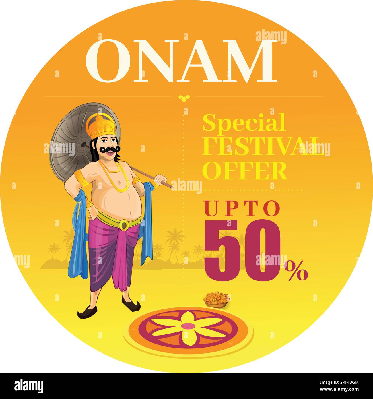 Happy Onam, Pookkalam, Mahabali Vector Illustration design, vecchio re dell'India. Festival del Kerala auguri di buon Onam. Logo di vendita Illustrazione Vettoriale