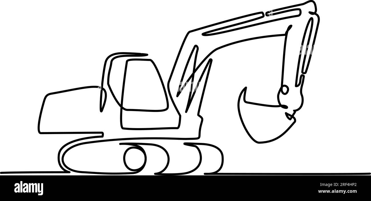 Silhouette dell'escavatore su sfondo bianco. Disegno continuo a una linea. Illustrazione dell'icona vettoriale Illustrazione Vettoriale