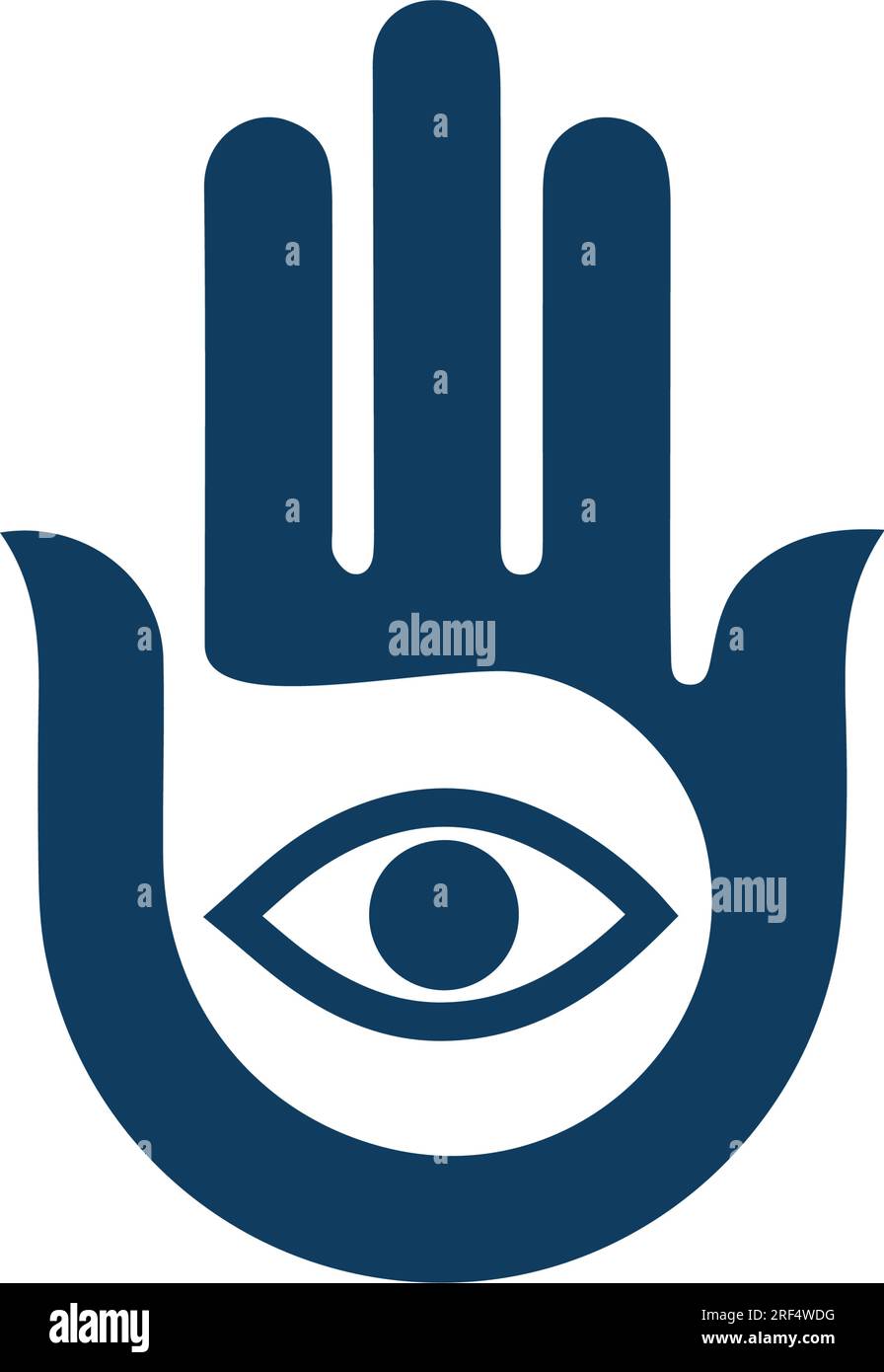 Illustrazione astratta multicolore di una mano Hamsa con il simbolo dell'occhio cattivo. La mano del segno religioso di Fatima con tutti gli occhi. Stile vintage bohémien. V Illustrazione Vettoriale