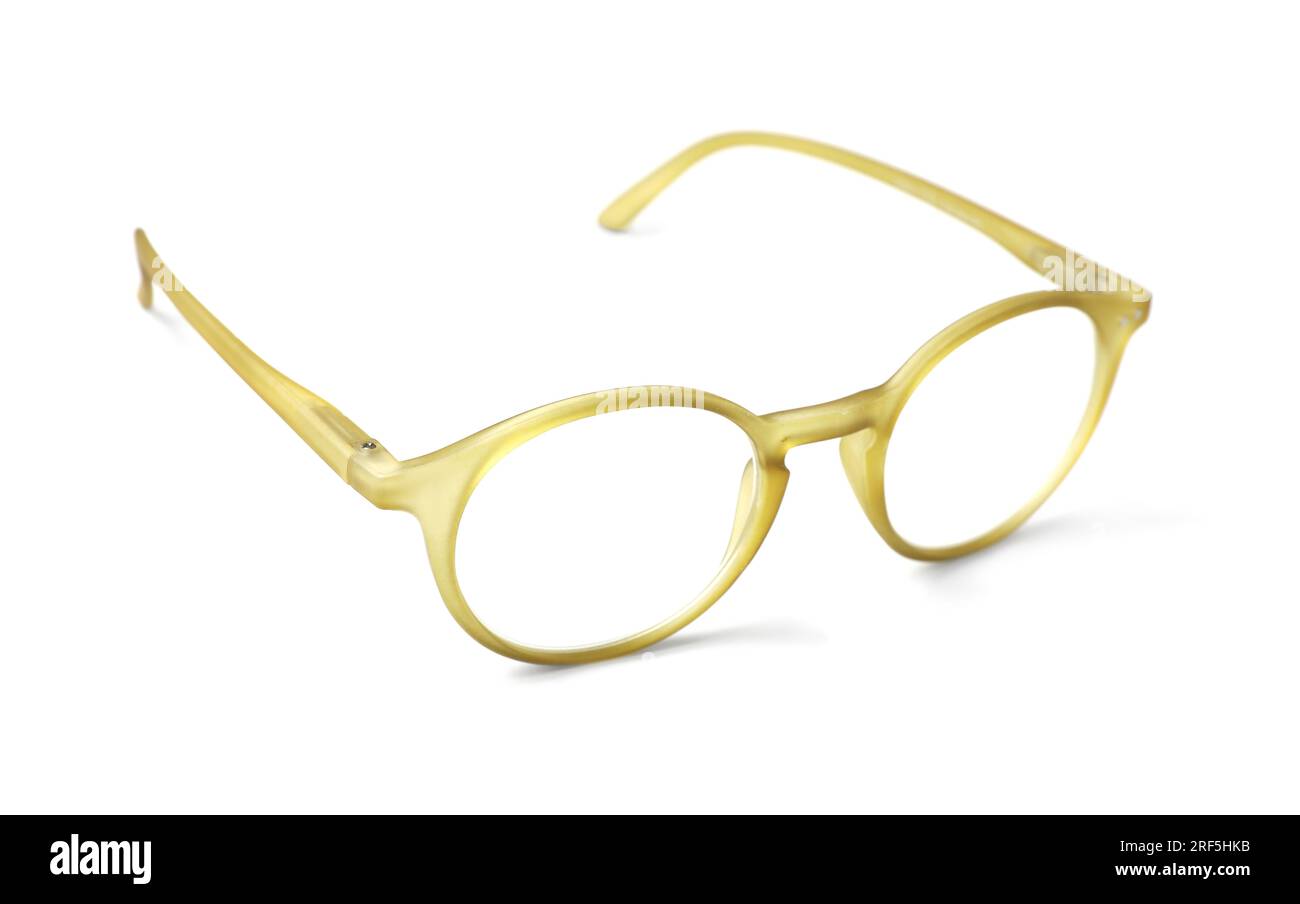 Occhiali con lenti correttive su sfondo bianco Foto Stock