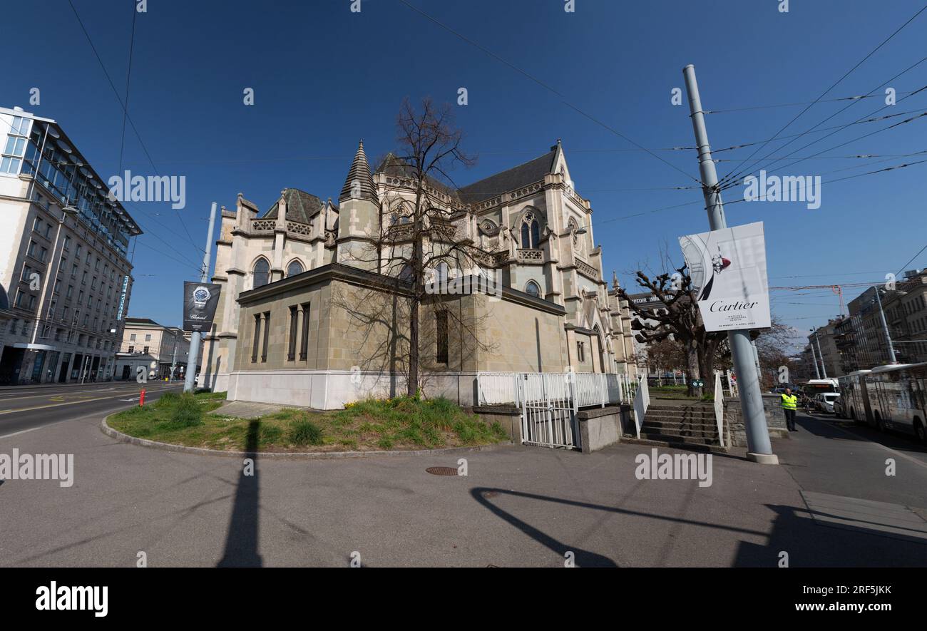 Ginevra, Svizzera - 25 marzo 2022: La basilica Notre-Dame di Ginevra è la principale chiesa cattolica romana di Ginevra, in Svizzera. Foto Stock