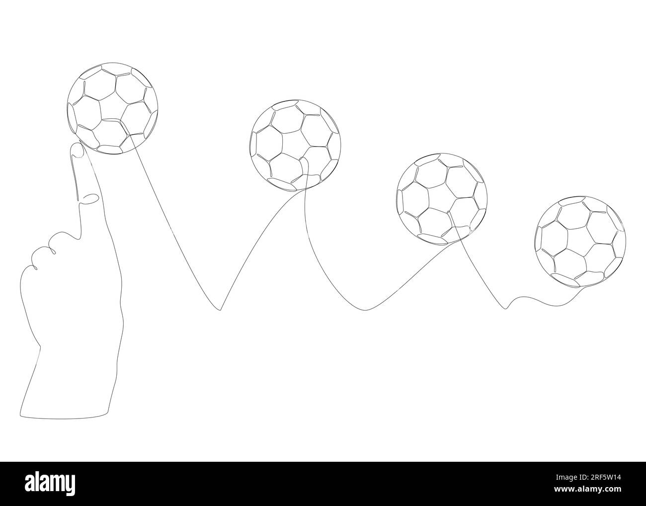 Una linea continua di mani con pallone da calcio. Illustrazione sottile concetto di sport vettoriale. Idee creative per disegnare contorni. Illustrazione Vettoriale