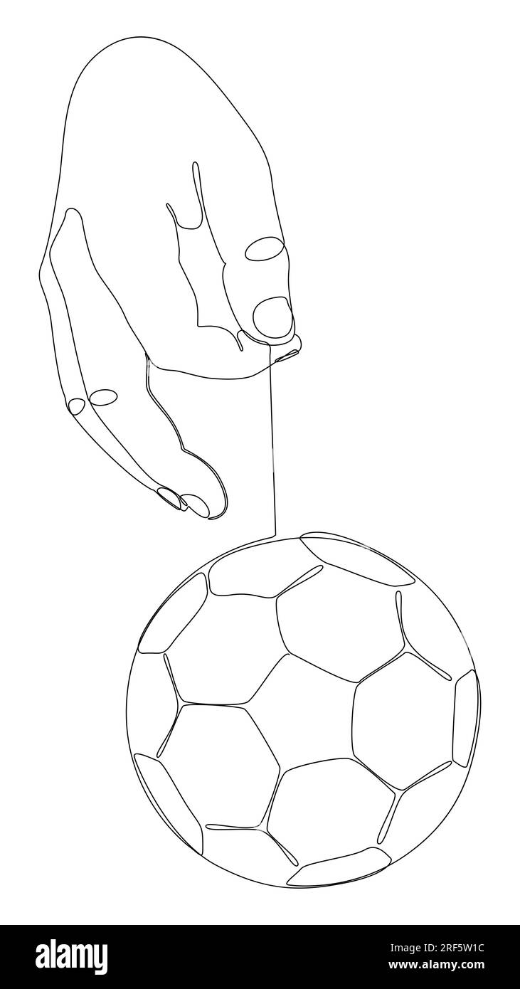 Una linea continua di mani con pallone da calcio. Illustrazione sottile concetto di sport vettoriale. Idee creative per disegnare contorni. Illustrazione Vettoriale