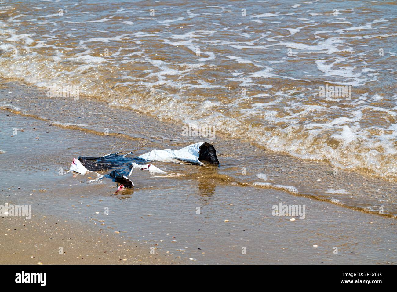 Sacchetto di plastica sulla costa oceanica inquinamento ambientale Foto Stock