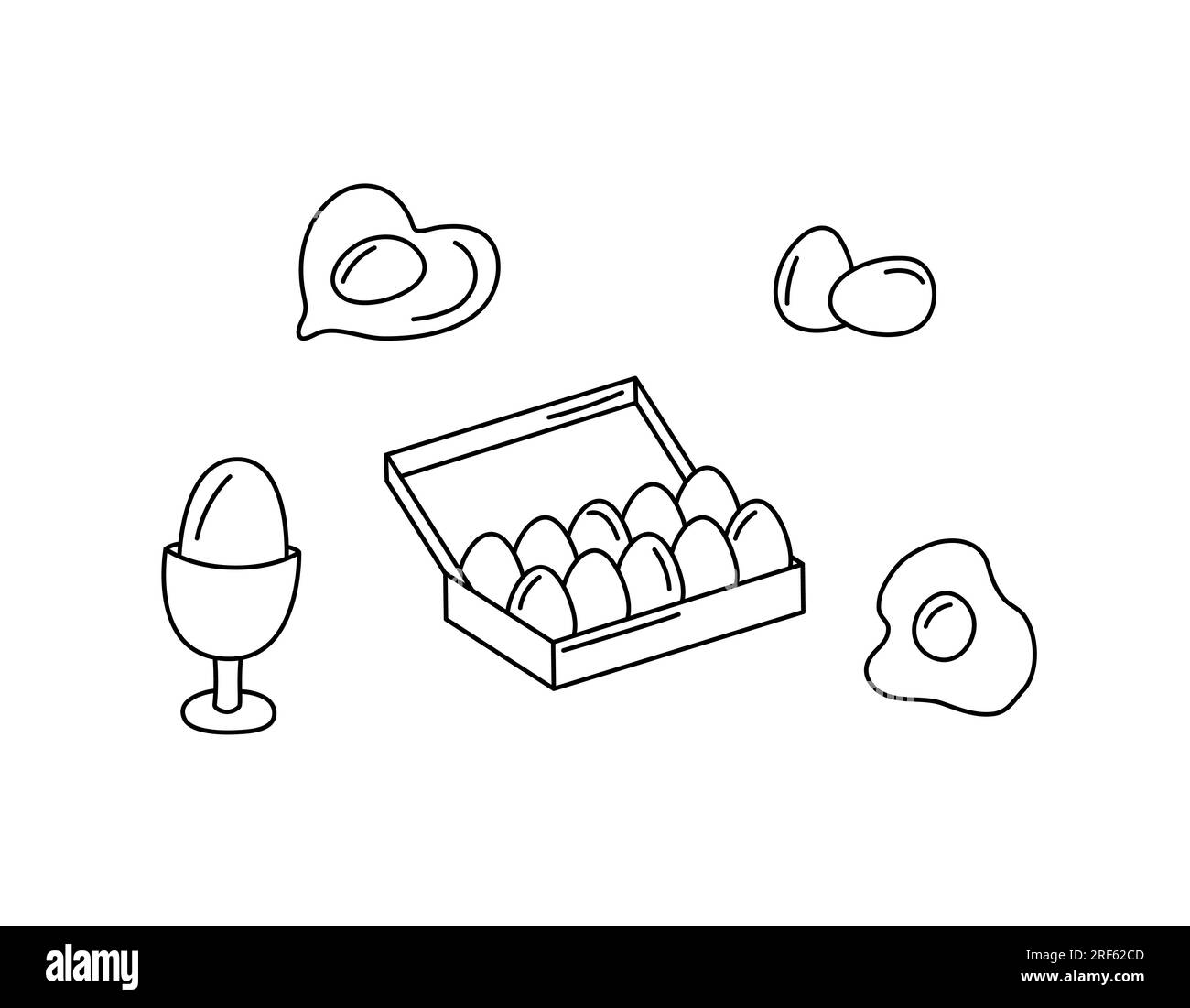 Set di doodles vettoriali per uova. Gli elementi alimentari sono isolati in nero su sfondo bianco. Immagine disegnata a mano di uova fritte e strapazzate e confezione Illustrazione Vettoriale