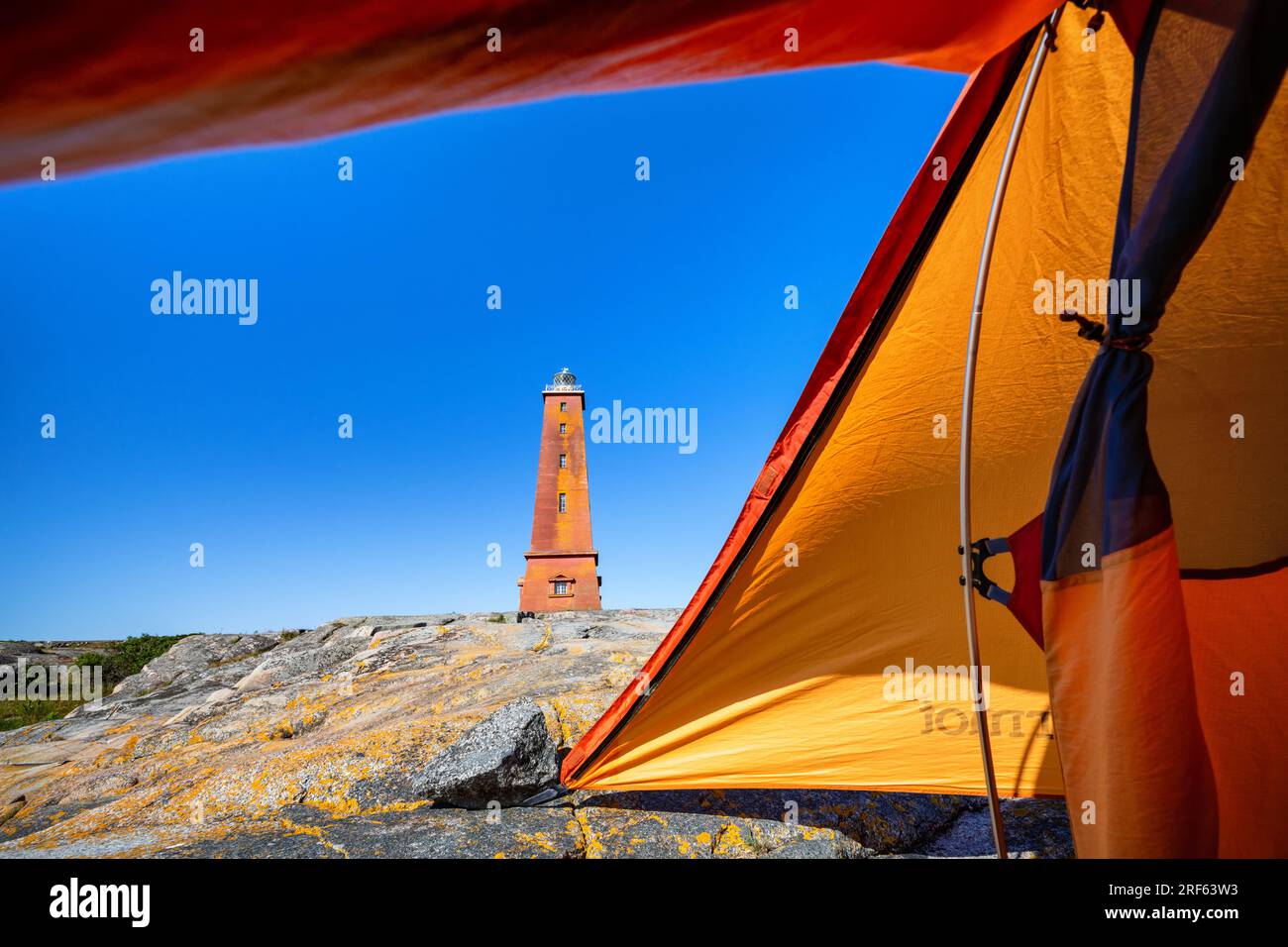 Campeggio sull'isola del faro di Lågskär, Ahvenanmaa, Finlandia Foto Stock