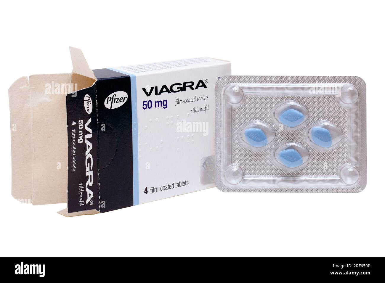 Scatola e confezione di compresse rivestite con film di Viagra Pfizer 4 da 50 mg, Sildenafil Foto Stock
