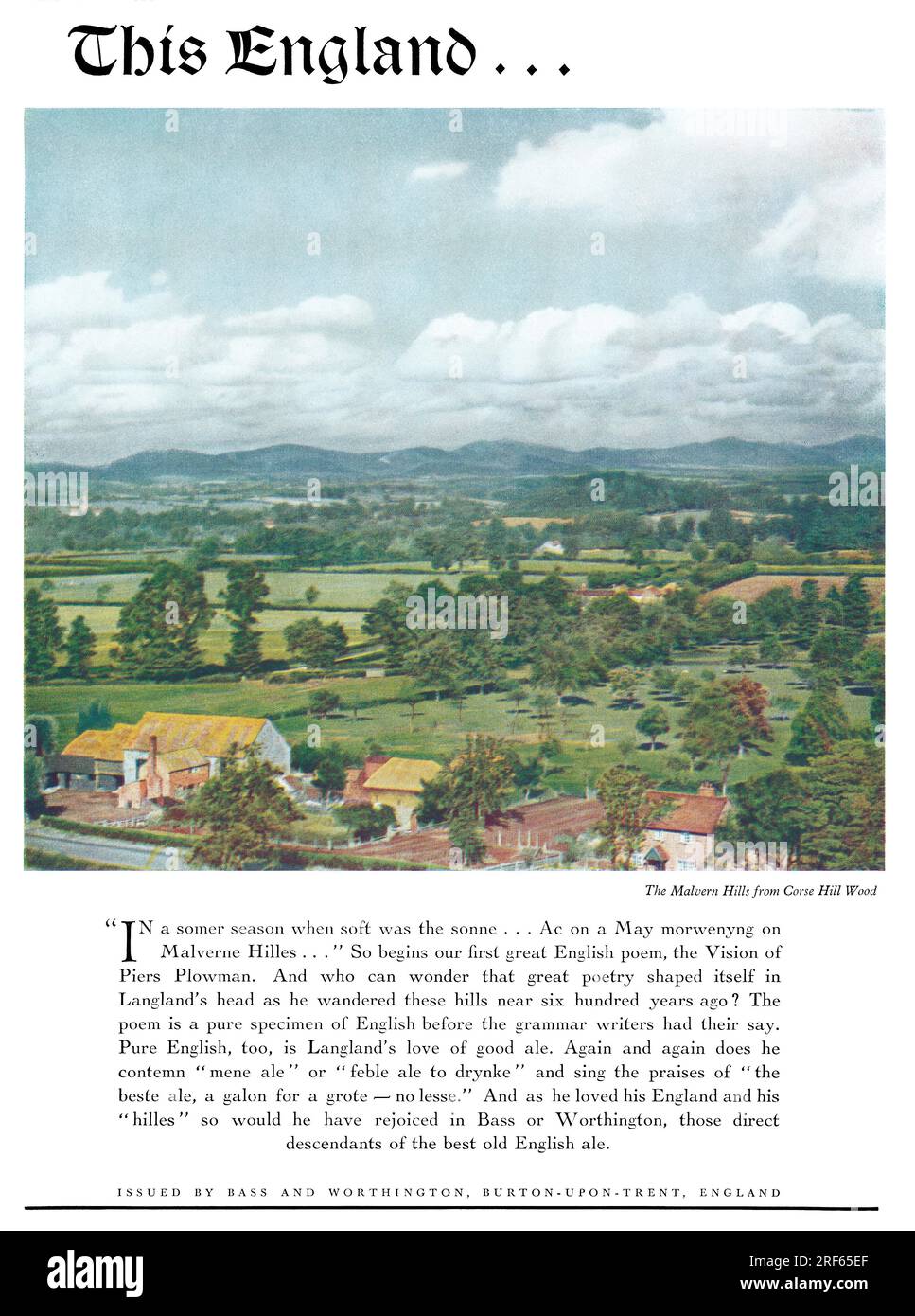 1950 pubblicità britannica per il birrificio Bass & Worthington e le loro birre e birre chiare, mostrando le Malvern Hills da Corse Hill Wood. Foto Stock