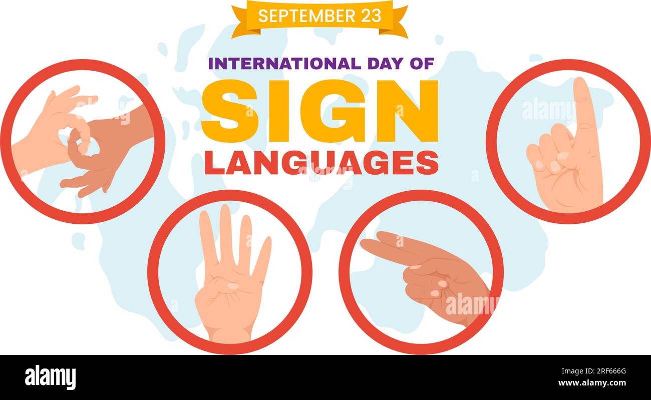 Giornata internazionale dei linguaggi dei segni illustrazione vettoriale con le persone mostrare gesti della mano e disabilità uditiva in modelli disegnati a mano Flat Cartoon Illustrazione Vettoriale