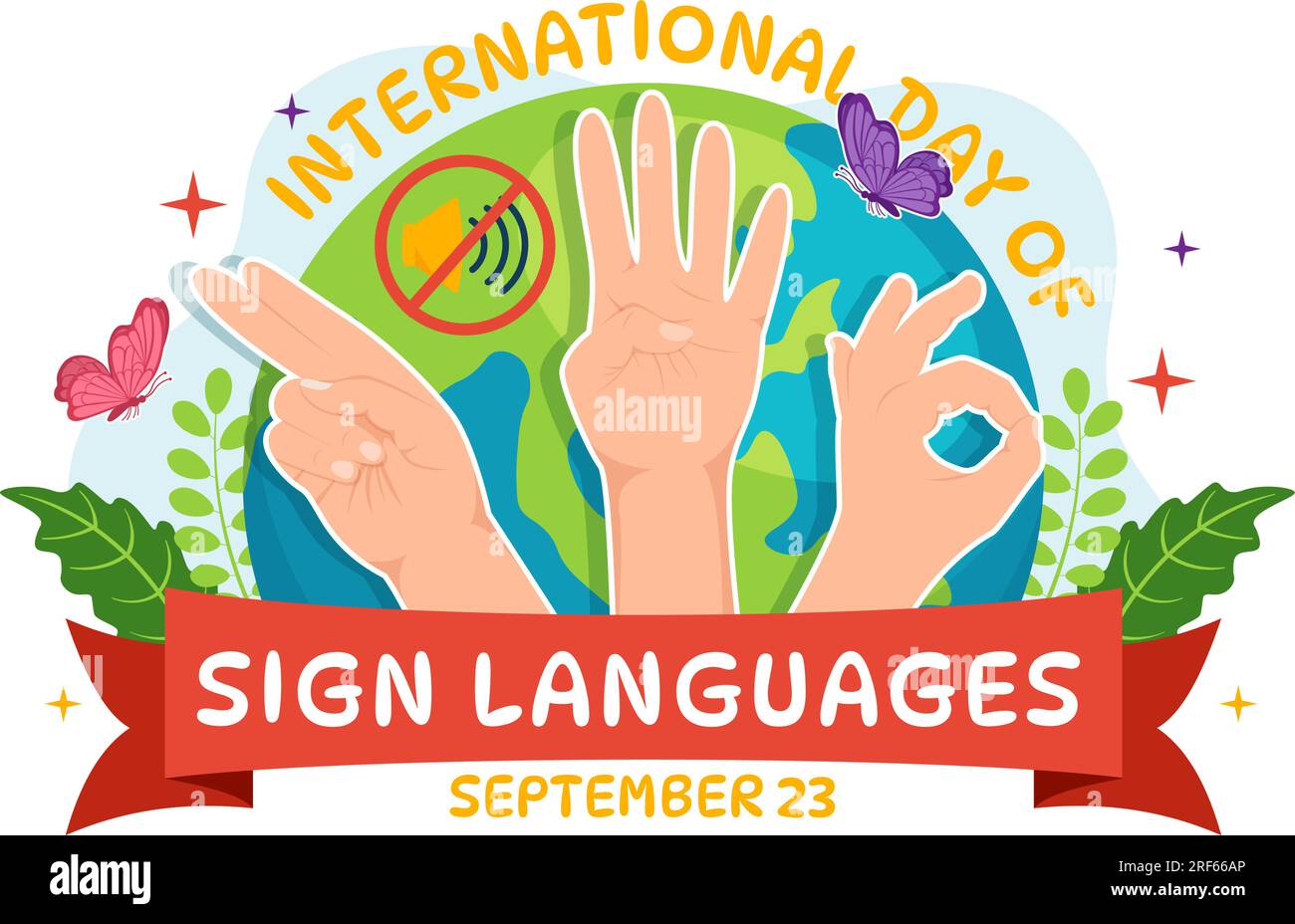 Giornata internazionale dei linguaggi dei segni illustrazione vettoriale con le persone mostrare gesti della mano e disabilità uditiva in modelli disegnati a mano Flat Cartoon Illustrazione Vettoriale