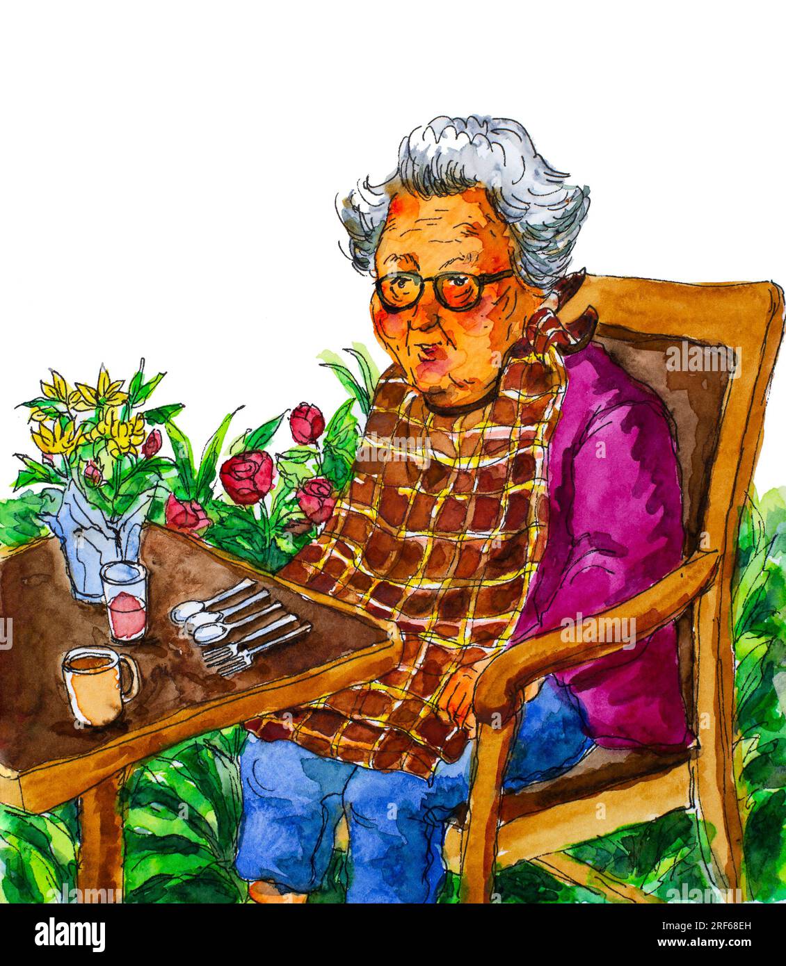 Una anziana anziana in pensione con demenza disturbi mentali disabilità seduto da sola in un giardino e solitudine. Foto Stock