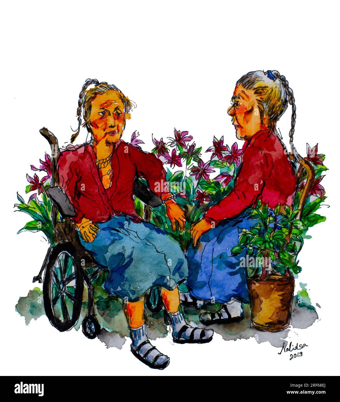 Due anziani anziani anziani sorelle gemelle donne con demenza disturbi mentali disabilità seduto in un giardino e solitudine. Foto Stock