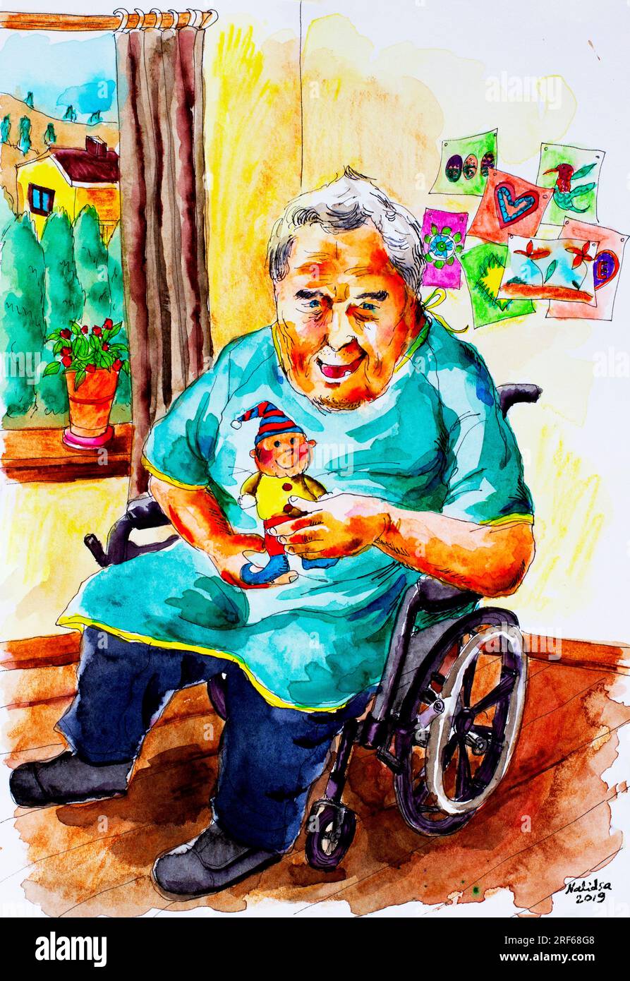 Un anziano in pensione felice uomo anziano con sindrome di Down e demenza disturbo mentale disabilità seduto su una sedia a rotelle attrezzature mediche in Foto Stock