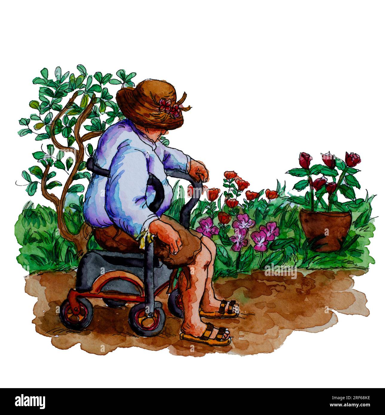 Una anziana anziana in pensione con demenza disturbi mentali disabilità seduto sul suo camminatore a quattro ruote da sola in un giardino e solitudine. Foto Stock