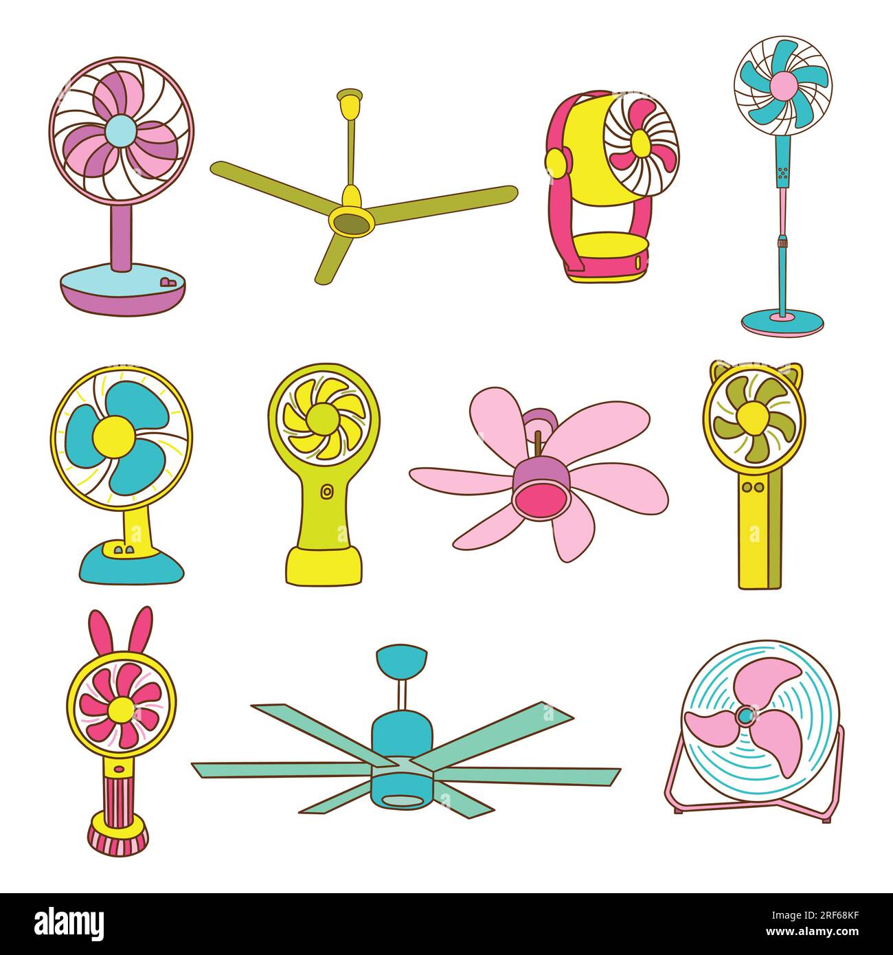 Set di ventole, scrivania, soffitto e palmare. Ventilatori elettrici. Unità di raffreddamento dell'aria condizionata con temperature elevate. Illustrati colorati isolati vettoriali Illustrazione Vettoriale