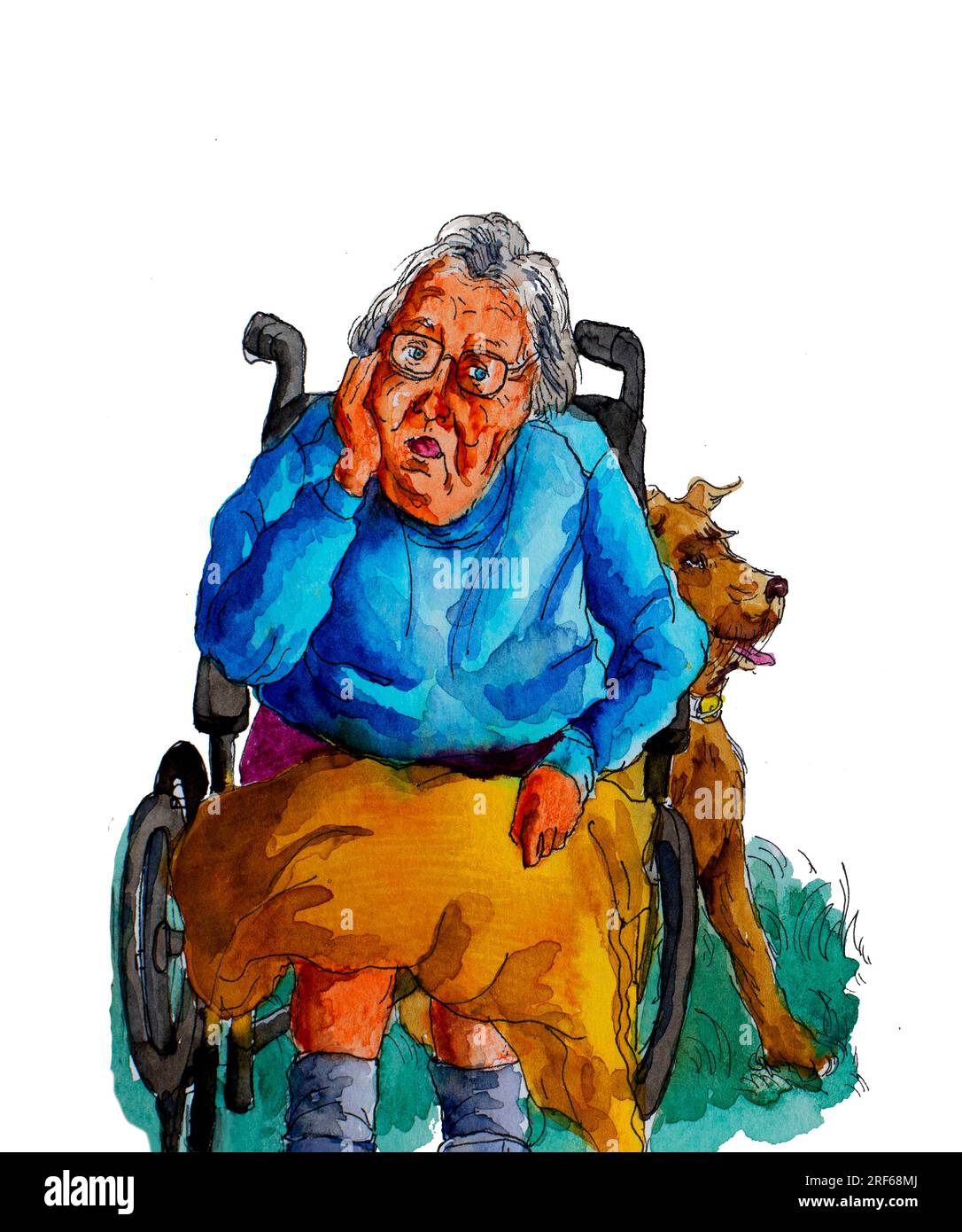 Una anziana anziana in pensione con demenza disturbi mentali disabilità seduto su sedia a rotelle con solitudine e noia con un compagno Foto Stock