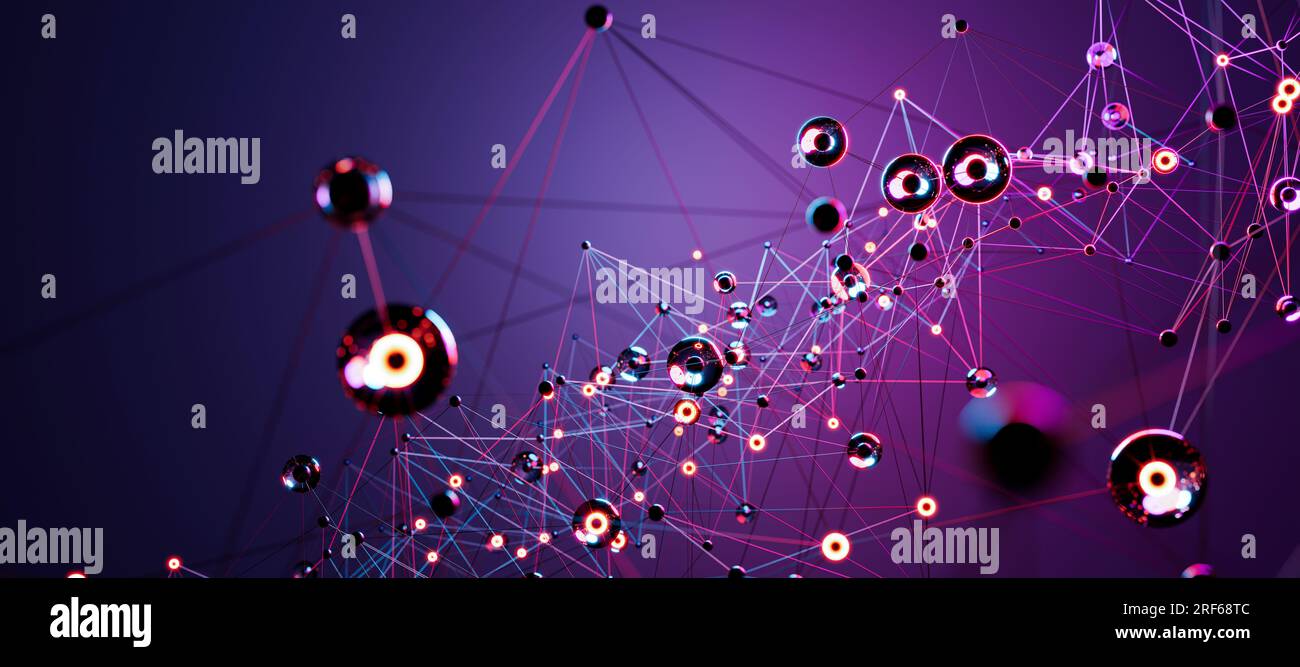 Dynamic Blue Geometric Network, rappresentazione astratta della connettività digitale, comunicazione e Web tecnologico con linee e punti mobili. Foto Stock