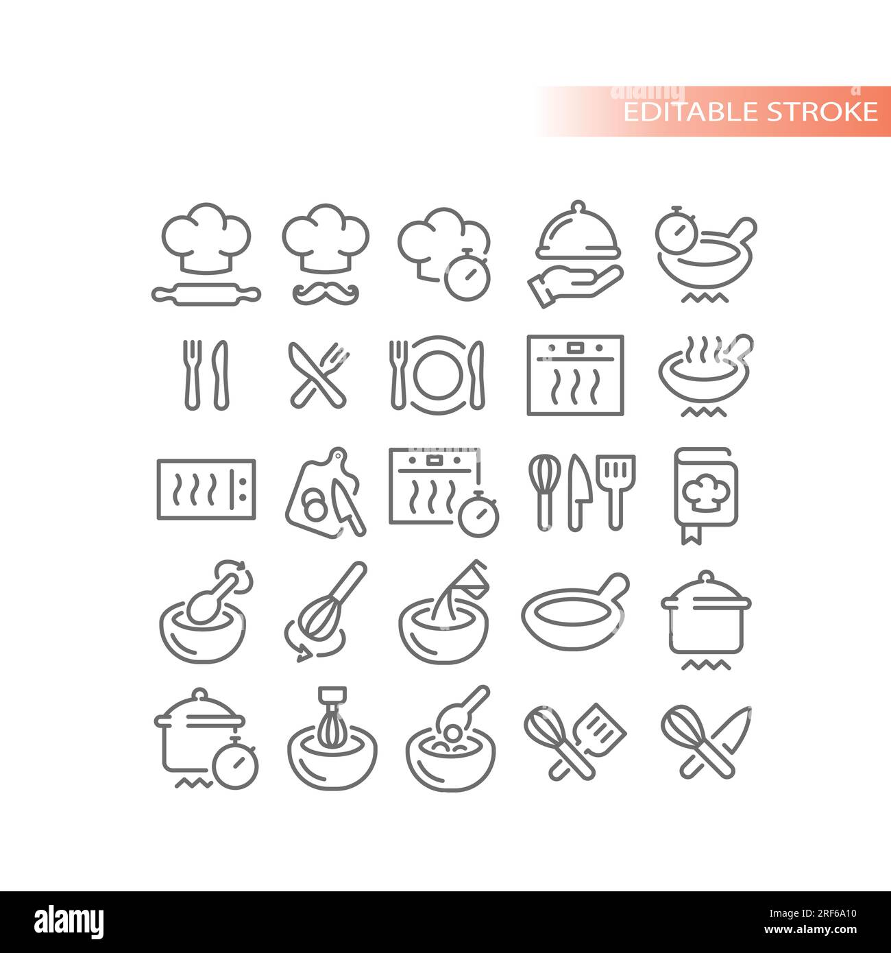 Set di icone vettoriali per la preparazione degli alimenti, la ricetta e le istruzioni. Icone di cucina casalinga, tempo, padella e pentola. Illustrazione Vettoriale