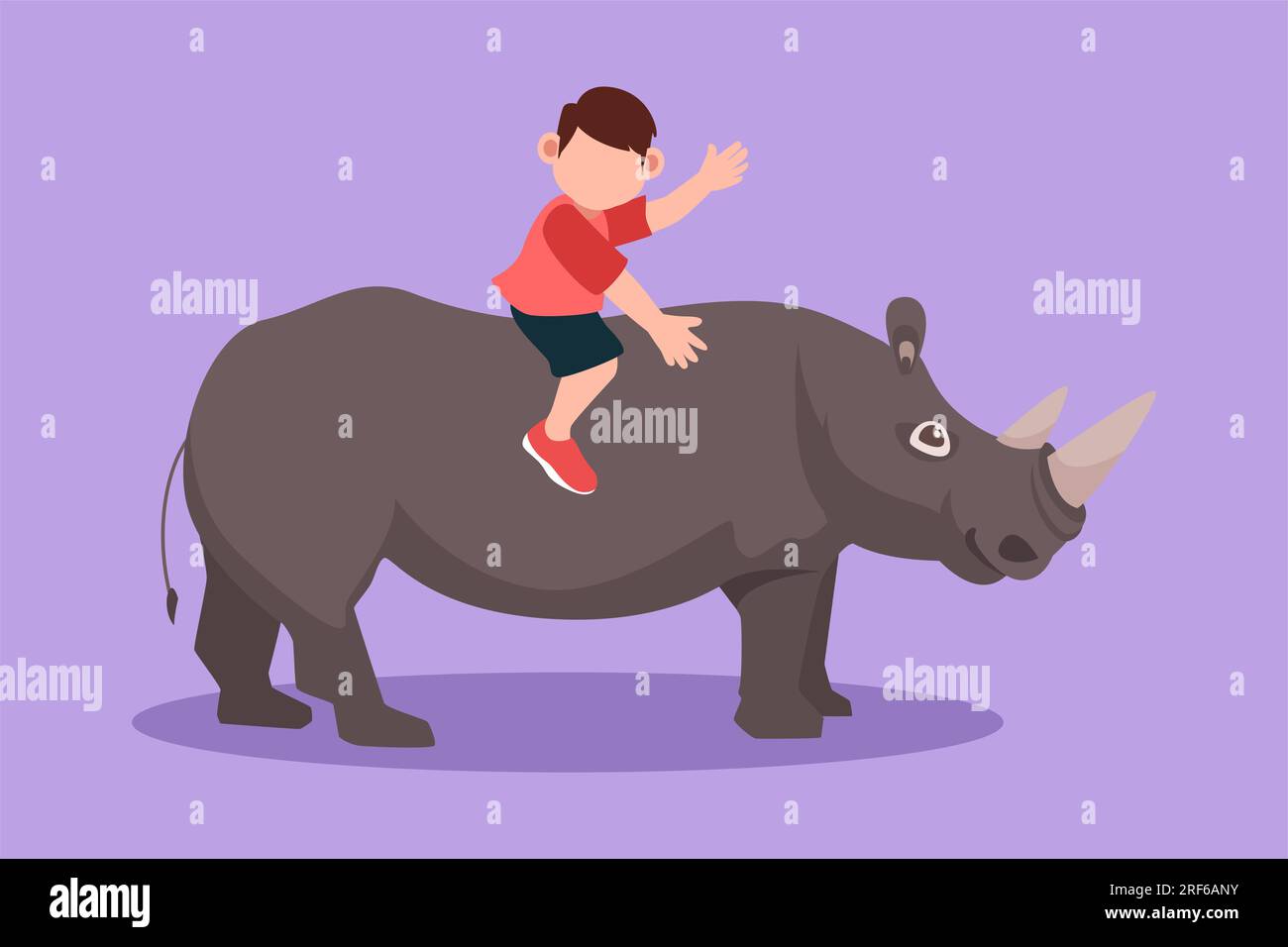 Disegno in stile cartone animato di un bambino felice che cavalca rinoceronte. Bambini allegri seduti sul rinoceronte posteriore nello zoo. Bambini coraggiosi che imparano a ri Foto Stock