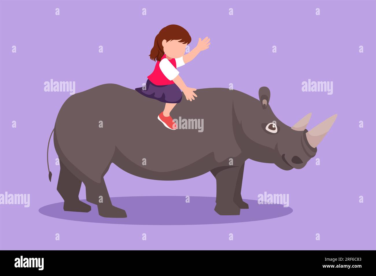Design piatto grafico che disegna una piccola ragazza che cavalca rinoceronte. Bambini allegri seduti sul rinoceronte posteriore nello zoo. Bambini coraggiosi che imparano a ri Foto Stock