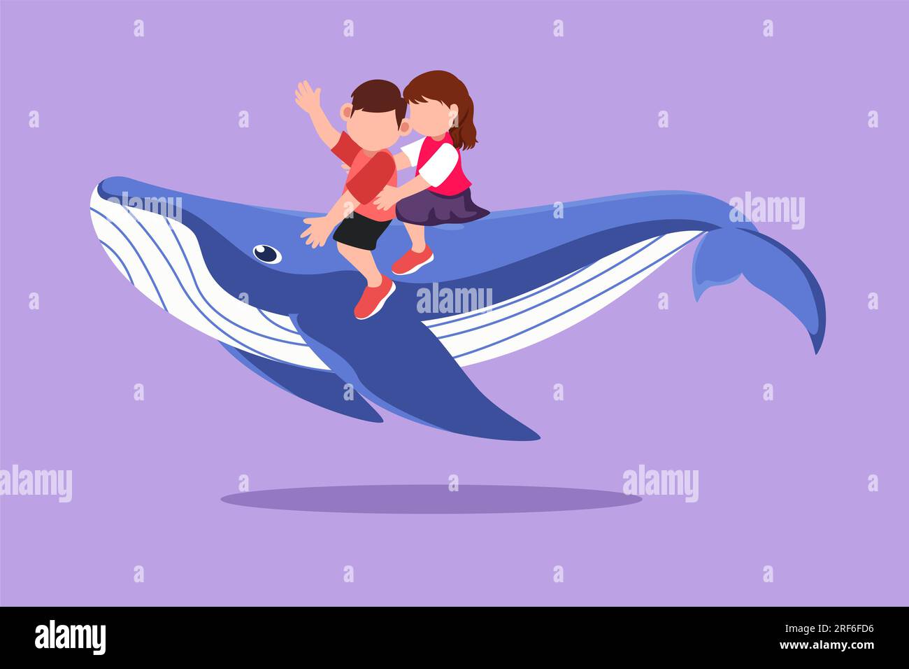 Design piatto grafico che disegna il bambino e la ragazza coraggiosi che cavalcano insieme una balena blu. Carini bambini seduti sul retro di una balena. Bambini allegri in fondo a Lar Foto Stock