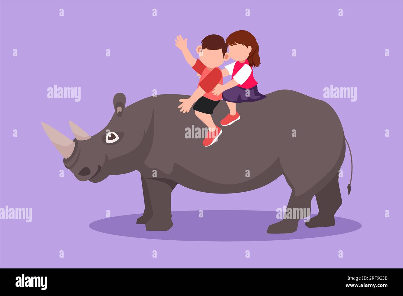 Cartone animato in stile piatto disegnando un bambino e una ragazza felici che cavalcano insieme rinoceronti di rinoceronte. Bambini seduti sul retro del rinoceronte nello zoo. I bambini imparano a ri Foto Stock
