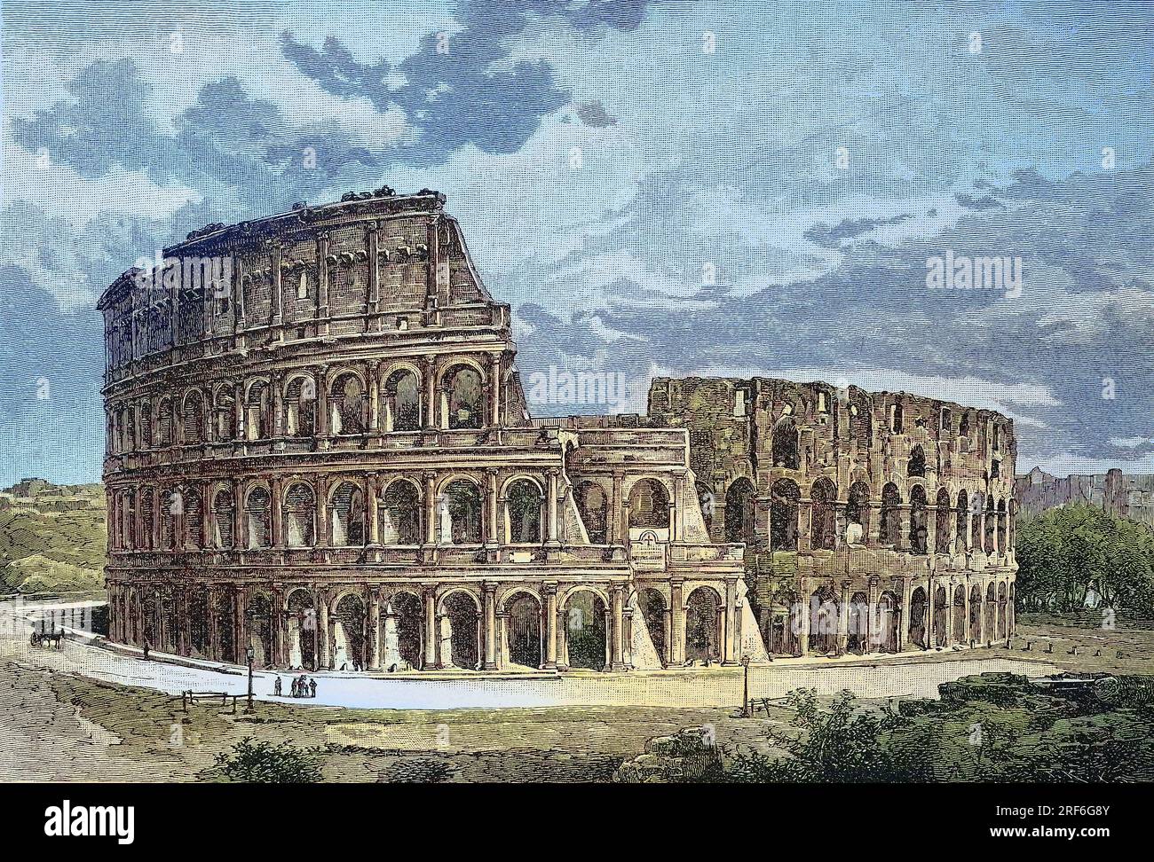 DAS Kolosseum oder Kolosseum, auch bekannt als Flavisches Amphitheater, lateinisch Amphitheatrum Flavium, italienisch Anfiteatro Flavio oder Colosseo, ist ein ovales Amphitheater im Zentrum der Stadt Rom, Italien, digitale verbesserte Reproduktion eines Originaldrucks aus dem 19. Jahrhundert / il Colosseo o Colosseo, noto anche come Anfiteatro Flavio, in latino Amphitheatrum Flavium, in italiano Anfiteatro Flavio o Colosseo, è un anfiteatro ovale nel centro della città di Roma, Italia, riproduzione digitale migliorata di una stampa originale del XIX secolo Foto Stock