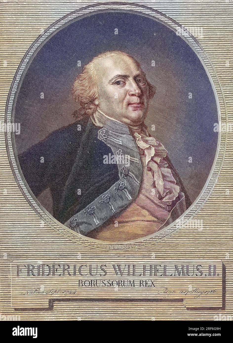 Porträt von Friedrich Wilhelm II, 25. Dal 1744 al 16 settembre. Novembre 1797, guerra König von Preußen, von 1786 bis zu seinem Tod. Er War in Personalunion Kurfürst von Brandenburg und souveräner Fürst des Kantons Neuchatel, Deutschland, digitale verbesserte Reproduktion eines Originaldrucks aus dem 19. Jahrhundert / Ritratto di Federico Guglielmo II, 25 settembre 1744 - 16 novembre 1797, fu re di Prussia, dal 1786 fino alla sua morte. Era in unione personale il principe elettore di Brandeburgo e principe sovrano del Cantone di Neuchatel, Germania, una riproduzione digitale migliorata di un pris originale Foto Stock