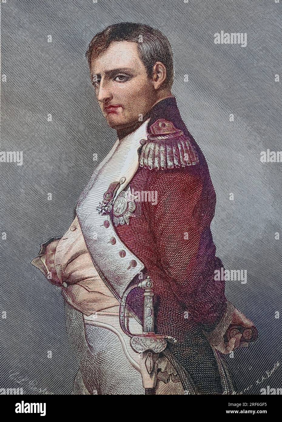 Napoleone Bonaparte, 15 anni. 1769 agosto - 5. Mai 1821, War ein Französischer Staatsmann und Militärführer, der während der Französischen Revolution zu Großer Bekanntheit gelangte und während der Französischen Revolutionskriege mehrere erfolgreiche Feldzüge führte, digitale verbesserte Reproduktion eines Originaldrucks aus dem 19. Jahrhundert / Napoleone Bonaparte, 15 agosto 1769 - 5 maggio 1821, è stato un politico e leader militare francese che ha preso la sua posizione durante la Rivoluzione francese e ha guidato diverse campagne di successo durante le Guerre rivoluzionarie francesi, una riproduzione digitale migliorata di un o Foto Stock