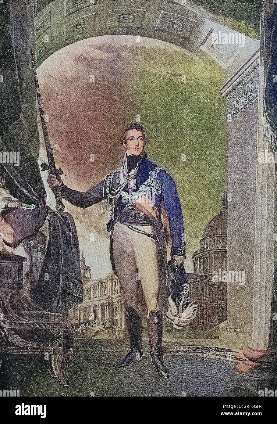 Arthur Wellesley, i duca di Wellington, 1. Mai 1769 - 14. Settembre 1852, War ein Feldmarschall und britischer Militärführer der napoleonischen Ära sowie britischer außen- und zweimaliger Premierminister, digitale verbesserte Reproduktion eines Originaldrucks aus dem 19. Jahrhundert / Arthur Wellesley, i duca di Wellington, 1 maggio 1769 - 14 settembre 1852, è stato un feldmaresciallo e capo militare britannico dell'era napoleonica, nonché degli Esteri britannici e due volte primo ministro, riproduzione digitale migliorata di una stampa originale del XIX secolo Foto Stock