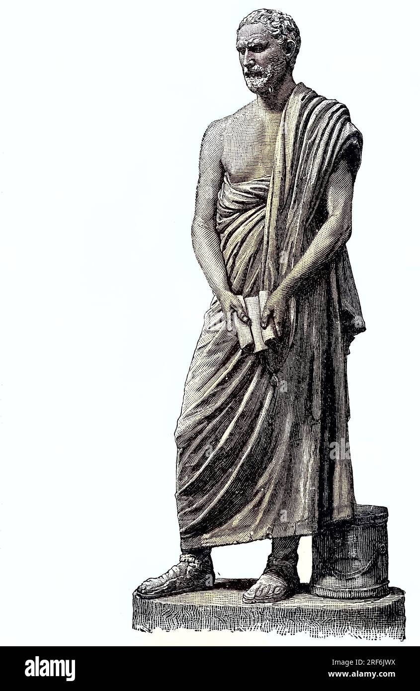Demostene, 384 contro Chr. - 322 v. Chr., War einer der bedeutendsten griechischen Redner. Nach dem Philokratesfrieden von 346 contro Chr. stieg er zum führenden Staatsmann Athens auf, Die Statue des Demosthenes im Vatikan, digitale verbesserte Reproduktion eines Originaldrucks aus dem 19. Jahrhundert / Demostene, 384 a.C. - 322 a.C., fu uno dei più importanti parlanti greci. Dopo la pace di Filocrate del 346 a.C., salì al leader dello statista di Atene, la statua di Demostene in Vaticano , riproduzione digitale migliorata di una stampa originale del XIX secolo Foto Stock