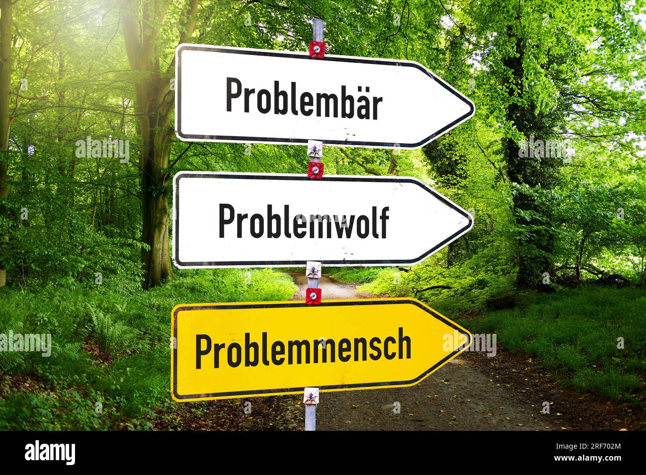 FOTOMONTAGE, Wegweiser Problembär, Problemwolf, Problemmensch Foto Stock