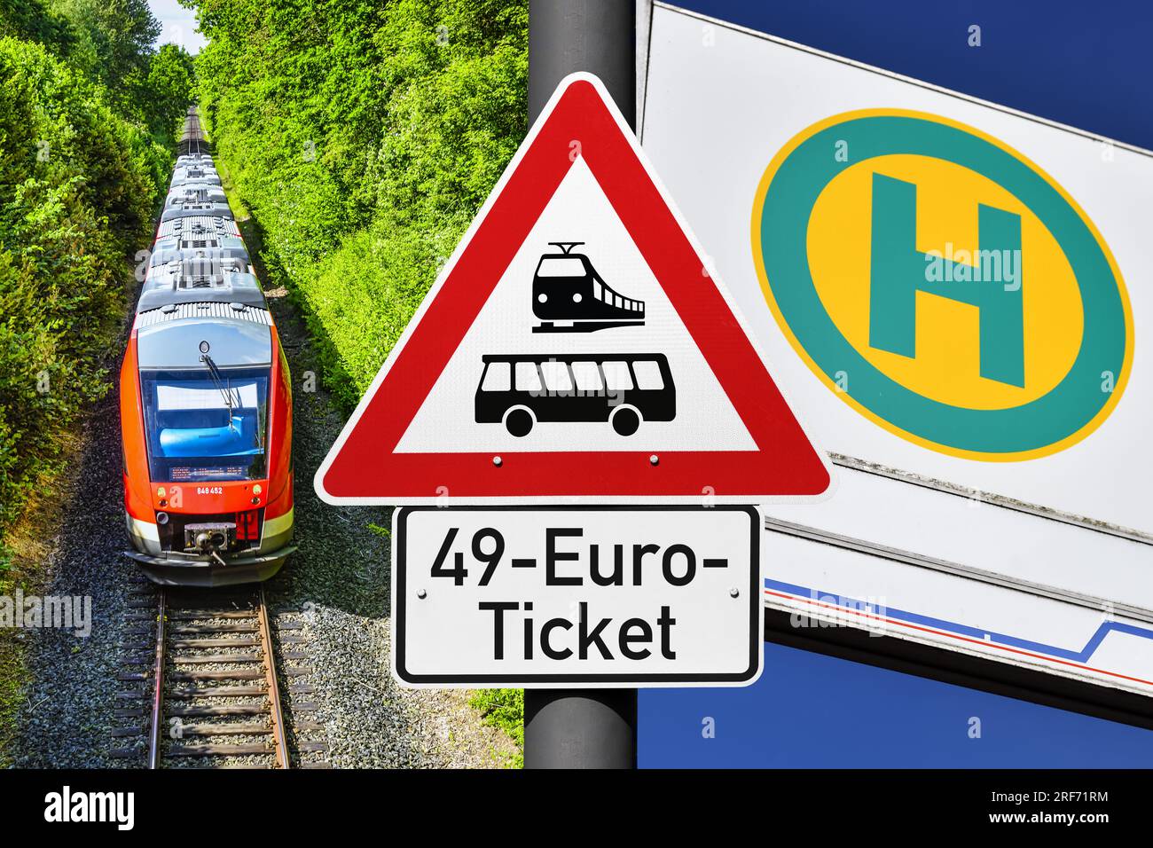 FOTOMONTAGE, Schild mit Aufschrift 49-Euro-Ticket, Regionalbahn und Bushaltestellenschild, 49-Euro-Ticket als möglicher Nachfolger des Neun-Euro-ticke Foto Stock