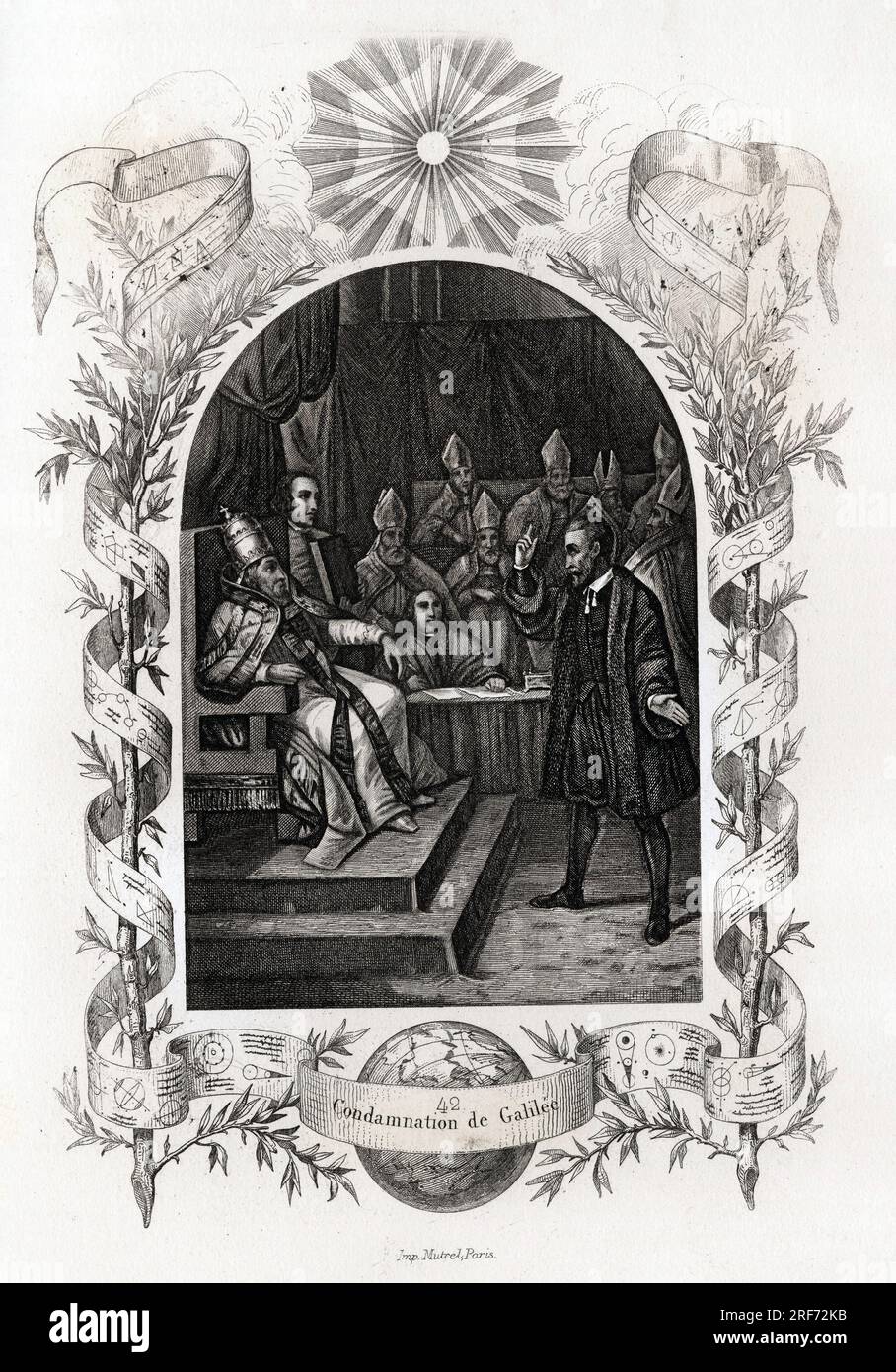 Galilea (ou Galileo Galilei (1564-1642)) devant le Saint Office au Vatican' l'astronome fut condamne par le Tribunal de l'Inquisition en 1632. Gravure pour illustrer Histoire des papes par Maurice Lachatre (1814-1900), librairie du progres, Parigi. Foto Stock