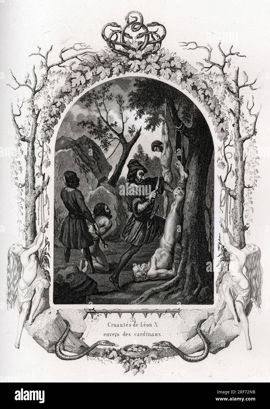 Cruautes de Leon X (pape de 1513 a 1521) Envers des cardinaux. Gravure pour illustrer Histoire des papes par Maurice Lachatre (1814-1900), librairie du progres, Parigi. Foto Stock