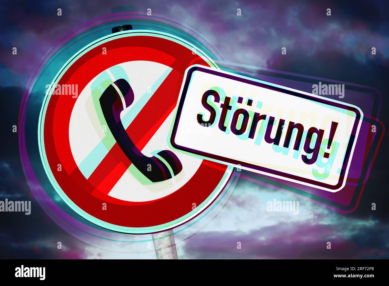 FotoMONTAGE, Schild mit durchgestrichenem Telefonhörer und Störung-Schild, Symbolfoto Telefonstörung Foto Stock