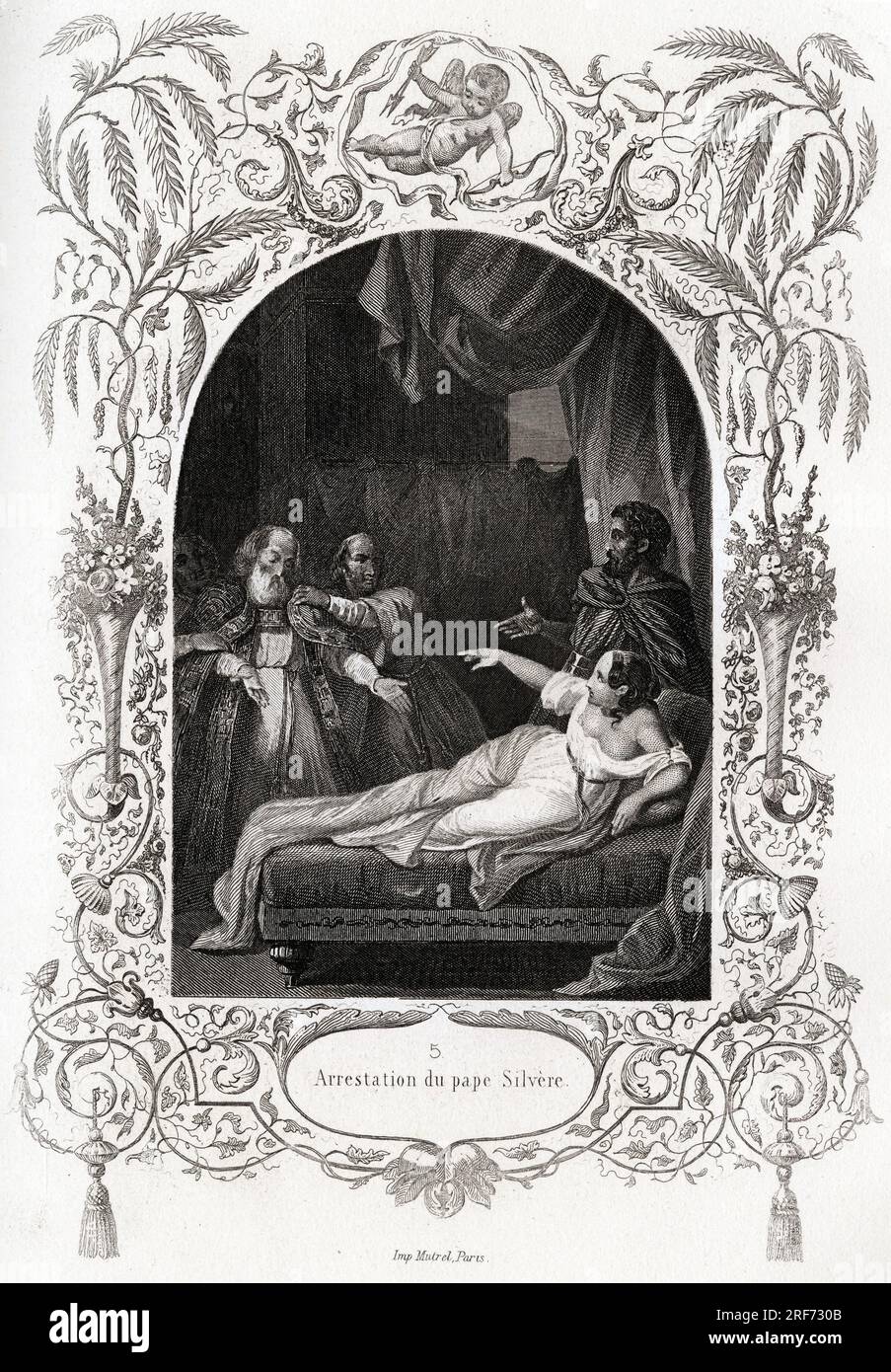 Arrestation du pape Silvere (Silverio) (pape de 536 a 537). Gravure pour illustrer Histoire des papes par Maurice Lachatre (1814-1900), librairie du progres, Parigi. Foto Stock