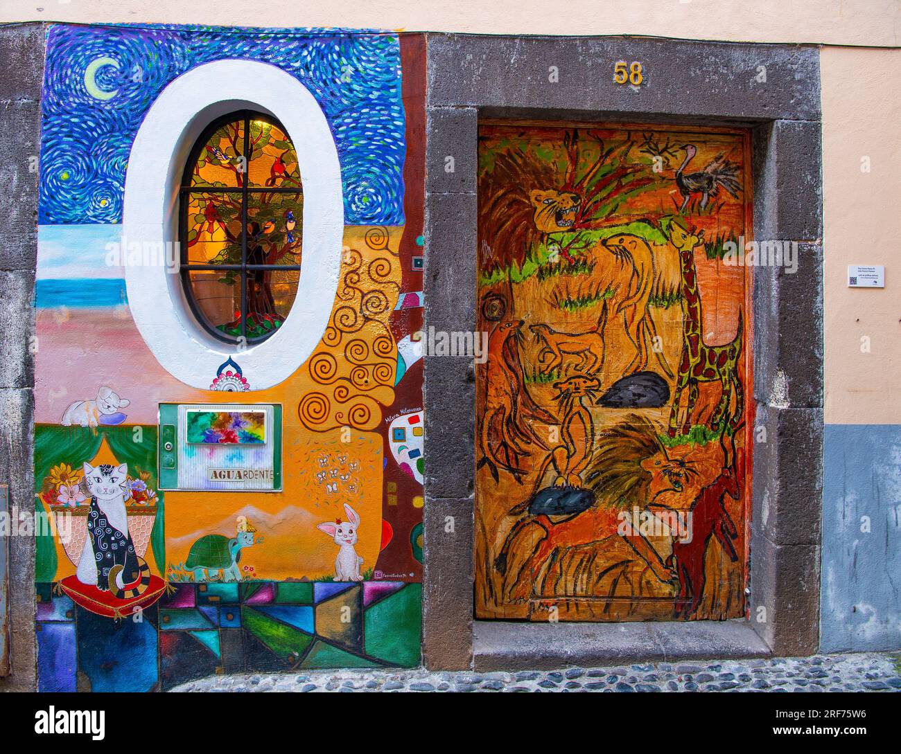 Bunt bemalte Tür, Kunstprojekt Arte de portas abertas, Rua de Santa Maria, Altstadt, Funchal, Insel Madeira, Portogallo Foto Stock