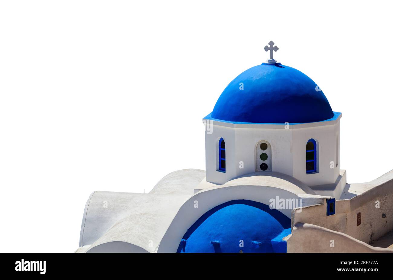 Chiesa in un'isola greca isolata su sfondo bianco, pareti bianche e cupola blu Foto Stock