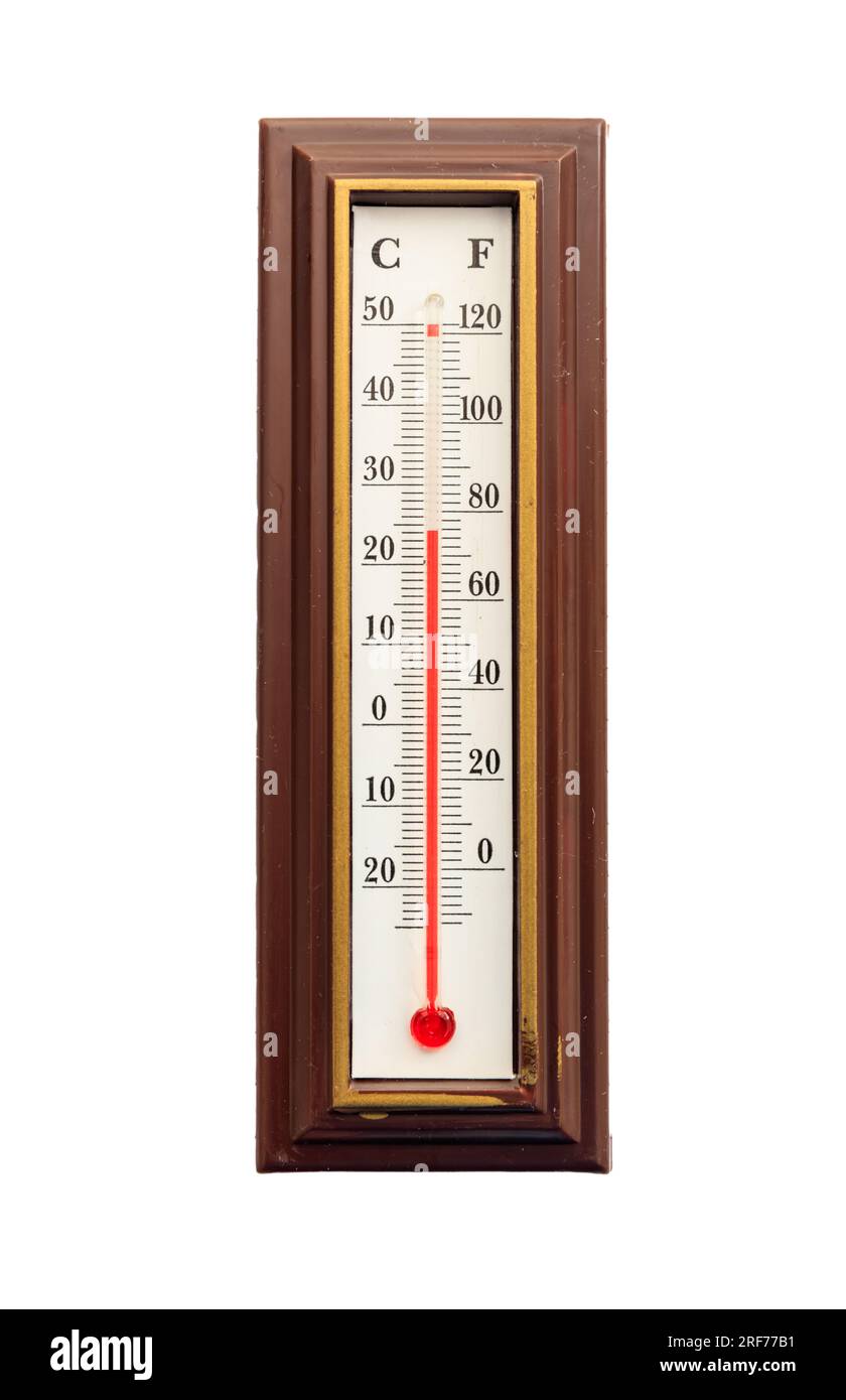 Termometro isolato su sfondo bianco, misurazione di temperatura a caldo e a freddo Foto Stock