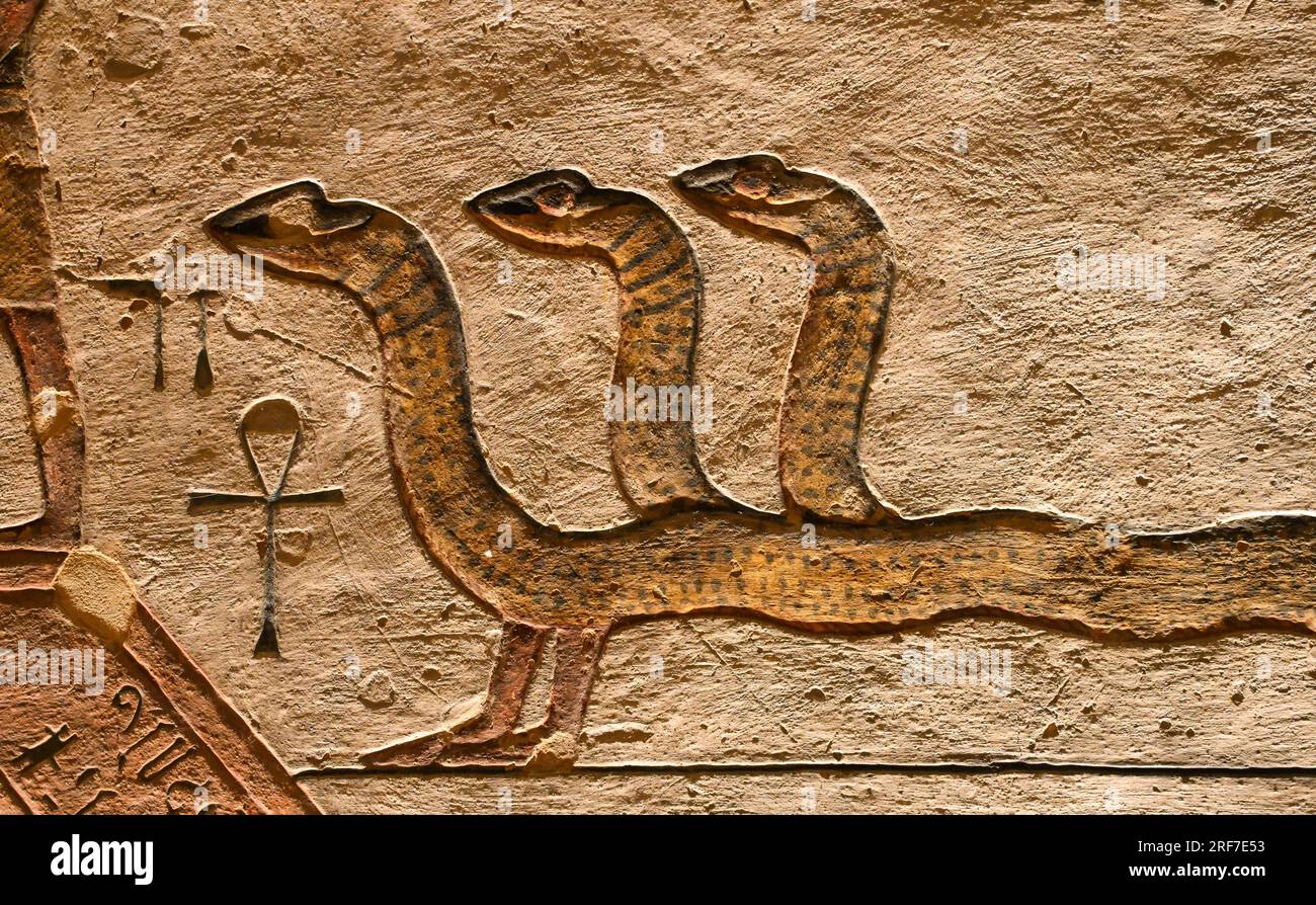 Rilievo, Fabelwesen, dreiköpfige Schlange, Grab Ramses III, KV11, Tal der Könige, Theben-West, Ägypten Foto Stock
