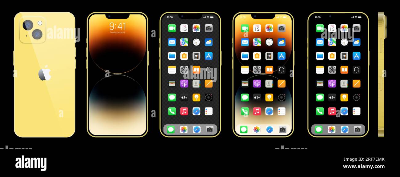 Nuovo iPhone 14 oro. Smartphone Apple inc. Con ios 14. Schermo bloccato, pagina di navigazione del telefono, pagina iniziale con 47 app popolari. Illustrazione vettoriale EPS10 Illustrazione Vettoriale