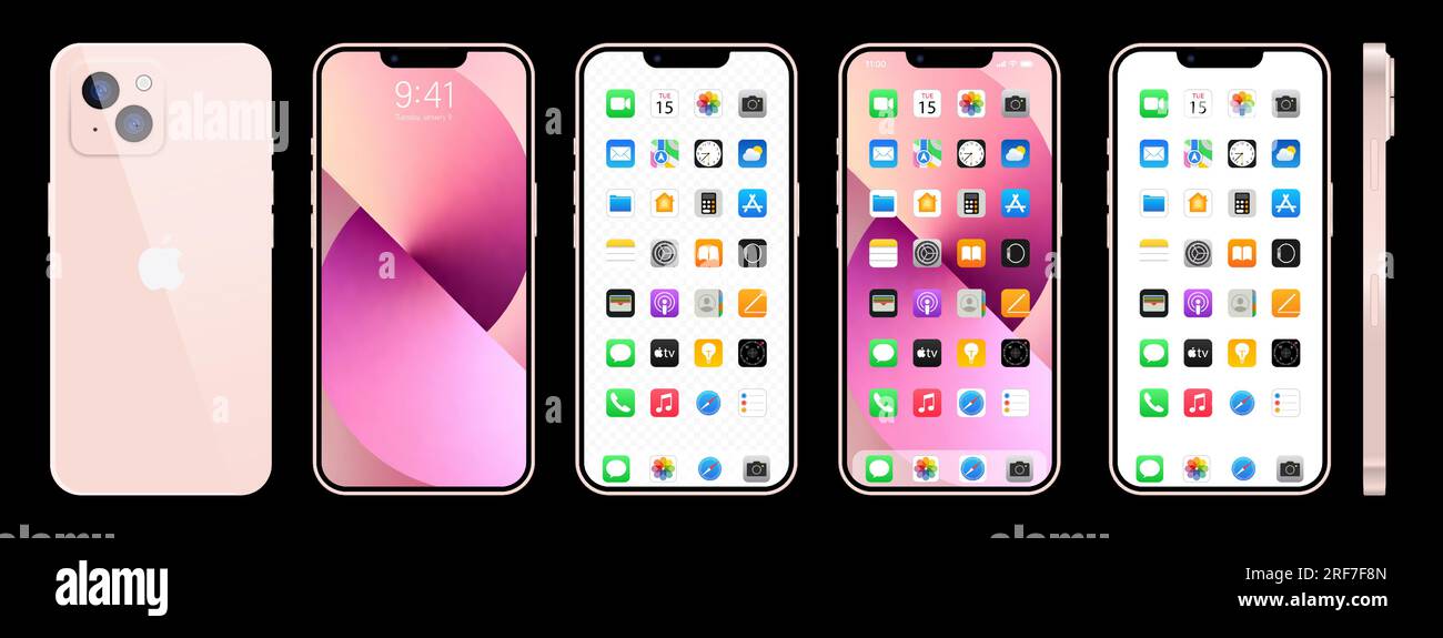 Nuovo iPhone 14 rosa. Smartphone Apple inc. Con ios 14. Schermo bloccato, pagina di navigazione del telefono, home page con 47 app più popolari. Sfondo nero. Editori Illustrazione Vettoriale