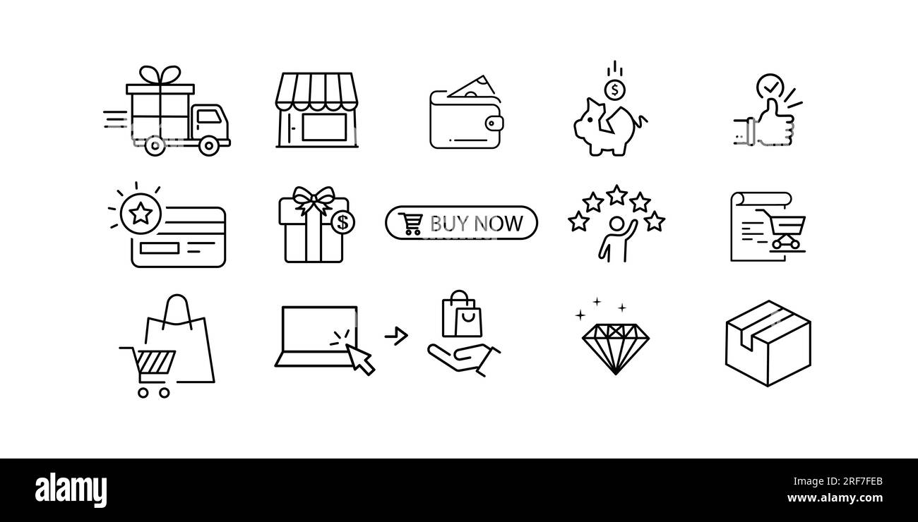 Set di icone linea piatta del negozio online. Illustrazione vettoriale con simboli inclusi. shopping online, consegna senza contatto, abbigliamento da provare, tabella delle taglie, etichetta e carta Illustrazione Vettoriale