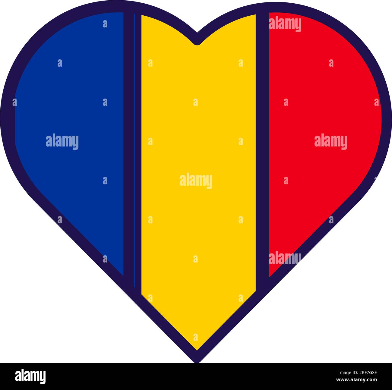 Cuore Patriota nei colori della bandiera nazionale della Romania. Elemento festivo, attributi del giorno dell'indipendenza della Romania. Icona vettoriale dei cartoni animati nei colori nazionali di Coun Illustrazione Vettoriale