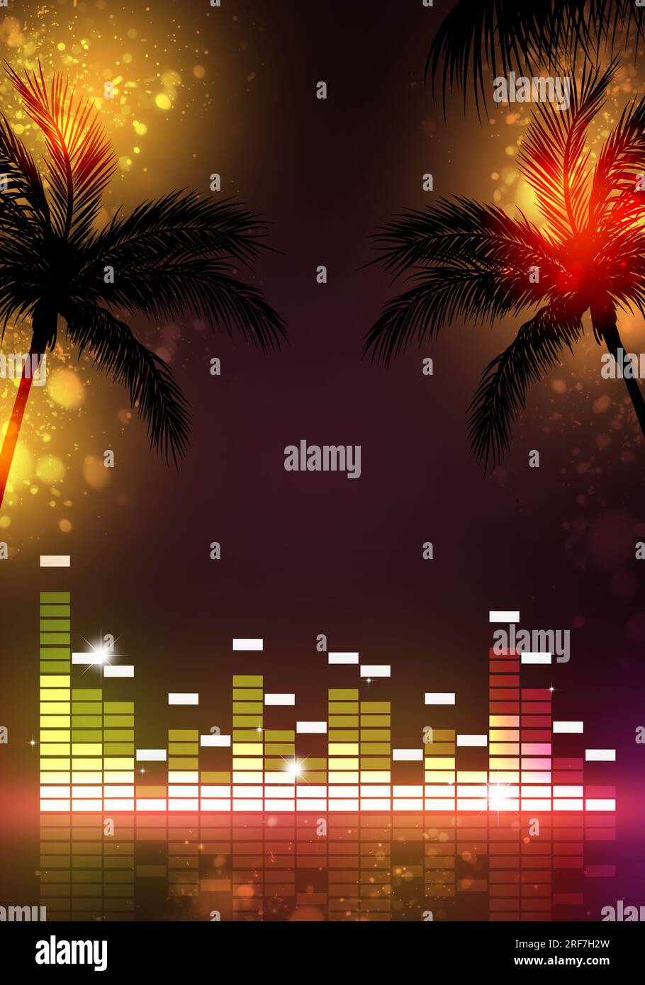 poster tropicale con equalizzatore musicale multicolore per festeggiamenti estivi Foto Stock