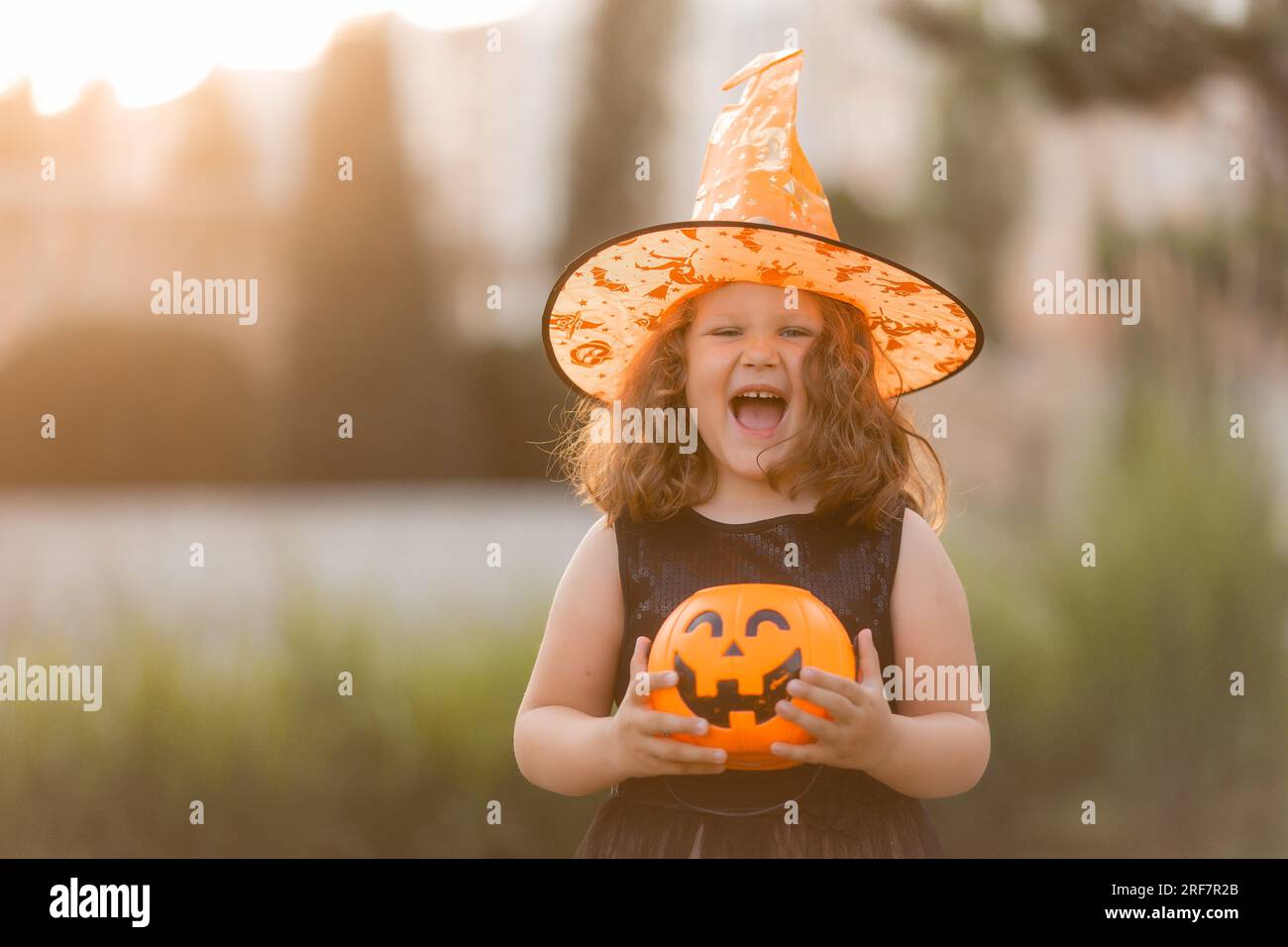 Una graziosa bambina in costume da strega per Halloween cammina nel parco in un cesto di caramelle a forma di zucca. Foto di alta qualità Foto Stock