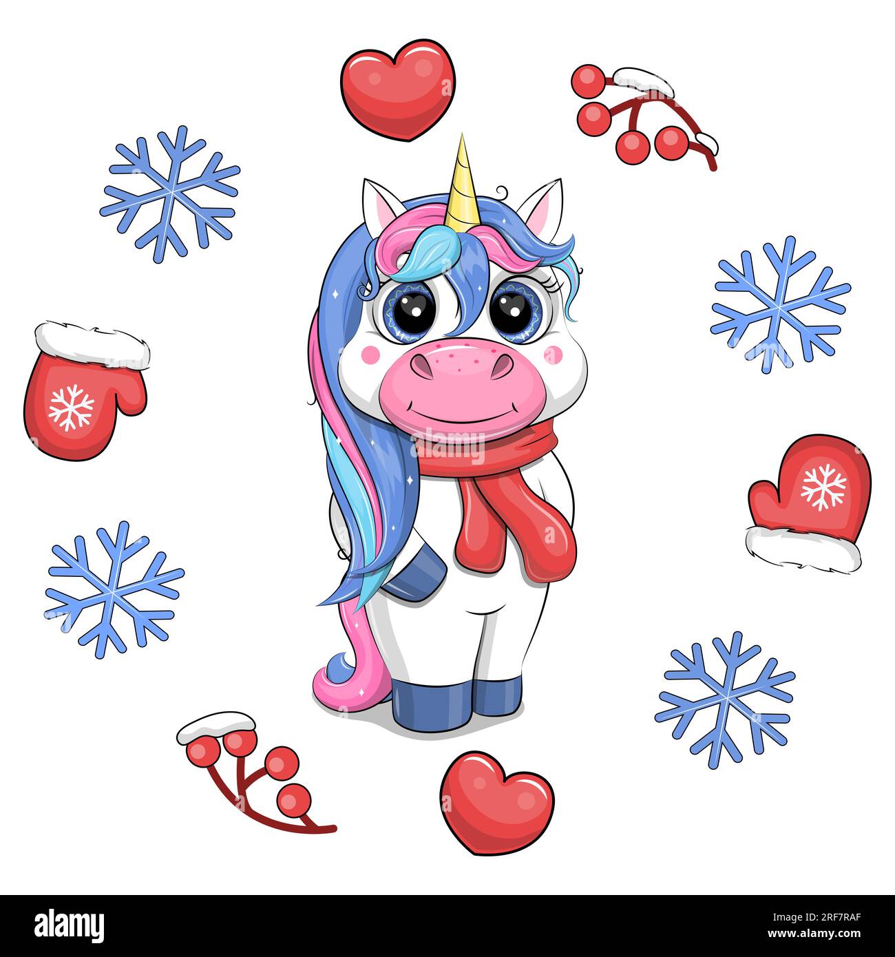 Simpatico unicorno cartoni animati con una sciarpa rossa in una cornice invernale. Illustrazione vettoriale di animali natalizi con guantoni rossi, cuori, bacche, fiocchi di neve blu. Illustrazione Vettoriale