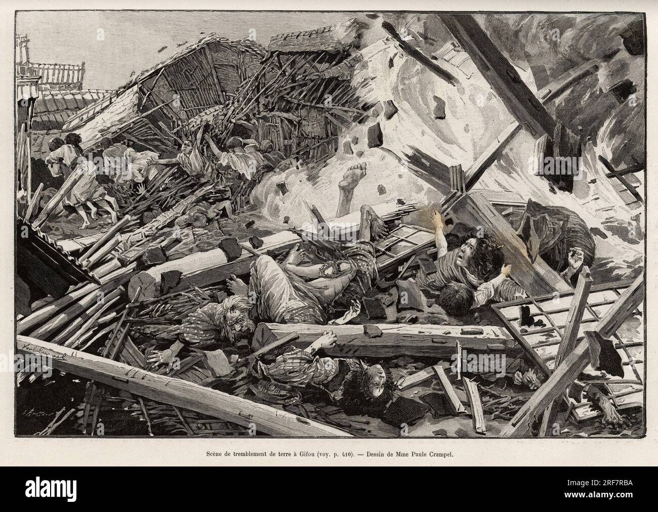Scene de tremblement de terre a Gifu (Gifuken, ile de Honshu, Japon). Gravure de Paule Crampel (1864-1964) pour illustrer le recit 'le tremblement de terre au Japon' 28 octobre 1891, par Gabriel de Roton, in le tour du Monde 1892, sous la direction de Edouard Charton (1807-1891), Hachette, Parigi. Attenzione! L'usage de cette oeuvre peut etre soumise a une demande d'autorisation a un tiers ou au paiement de droits supplementaires Foto Stock