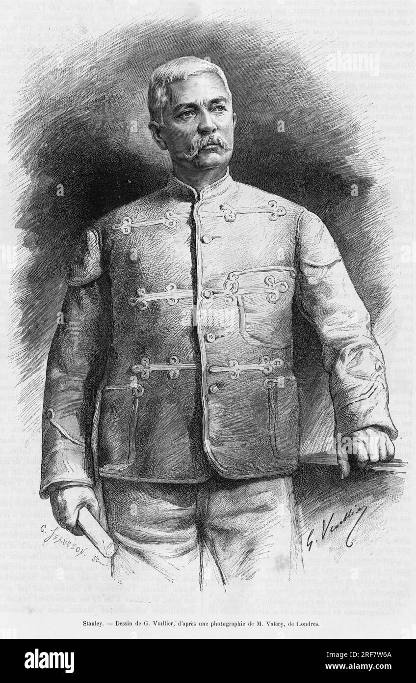 Ritratto di Henry Morton Stanley ( ne John Rowlands 1841-1904) journaliste et Explorateur. Gravure de G.Vuillier, pour illustrer le recit Dans les tenebres de l'Afrique, recherche decouverte et retraite d'Emin Pacha, en 1887-1889, par Henry Stanley, in le tour du monde 1890, sous la direction d'Edouard Charton (1807-1890), Hachette, Parigi. Foto Stock
